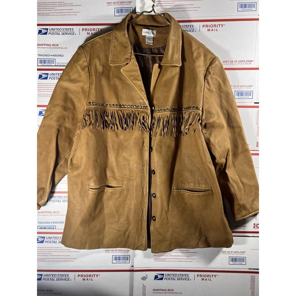 Vintage Santa Fe Brown Tan Genuine Leather Fringe Studded Jacket Size Large‎